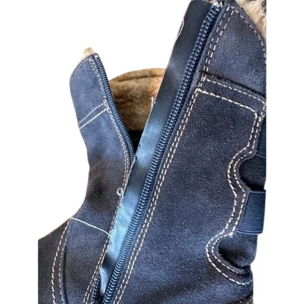Navy Blue Suede Mid-Calf Winter Boots Faux Fur Lined Zipper‎ Detail Womens